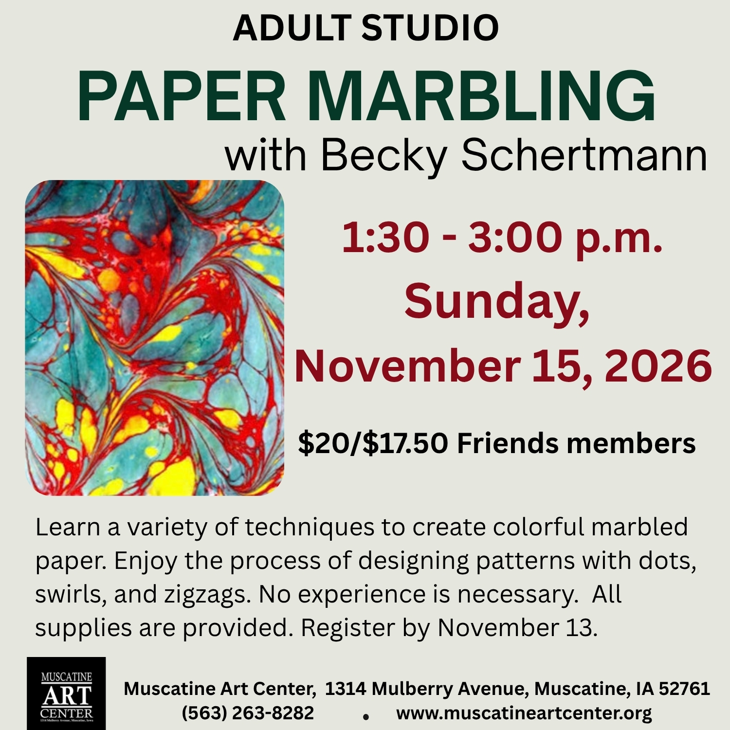 Adult Studio: Paper Marbling with Becky Schmertmann - Sunday, November 15, 2026 Image