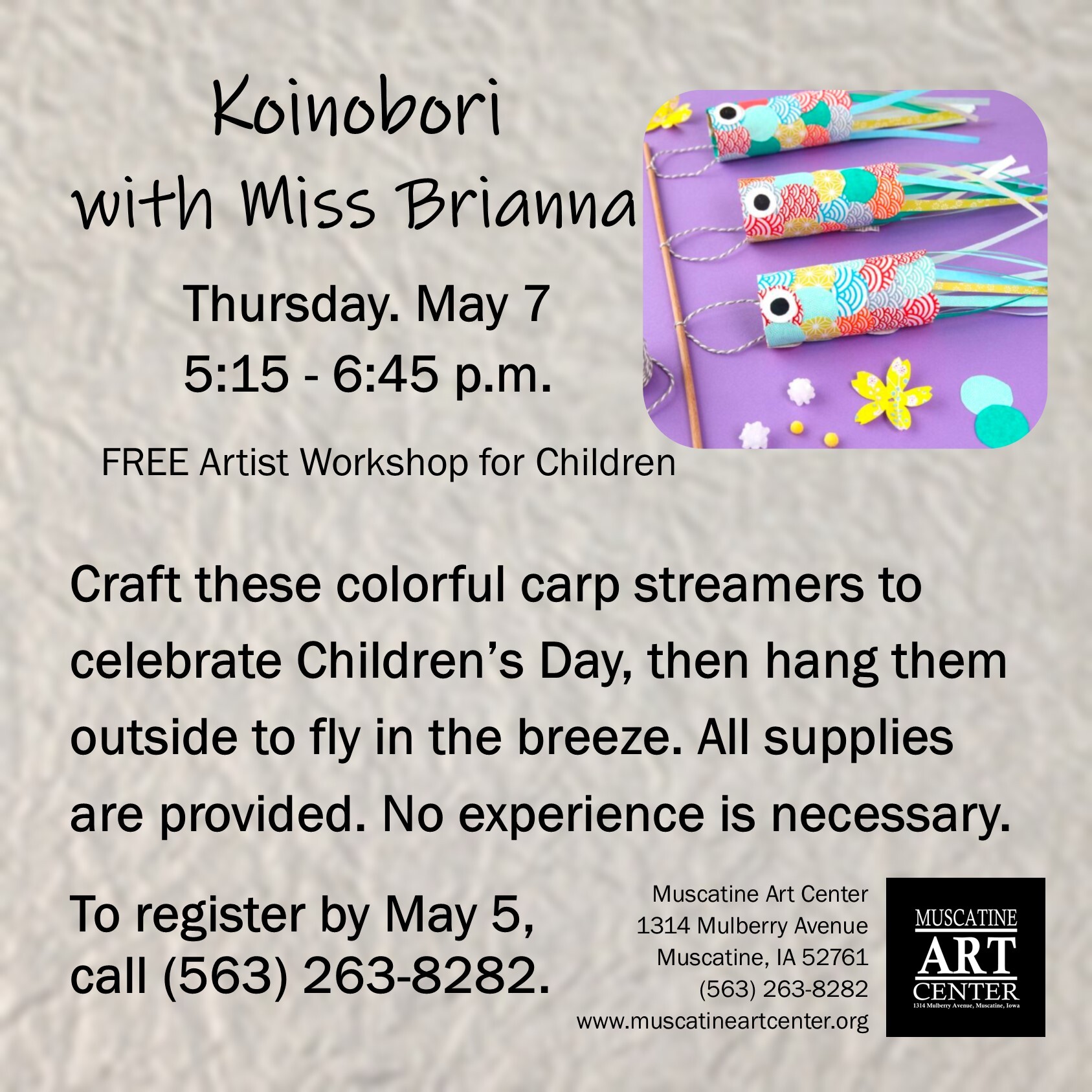 FREE Artist Workshop for Children - Koinobori with "Miss Brianna", Thursday, May 7, 2026 Image