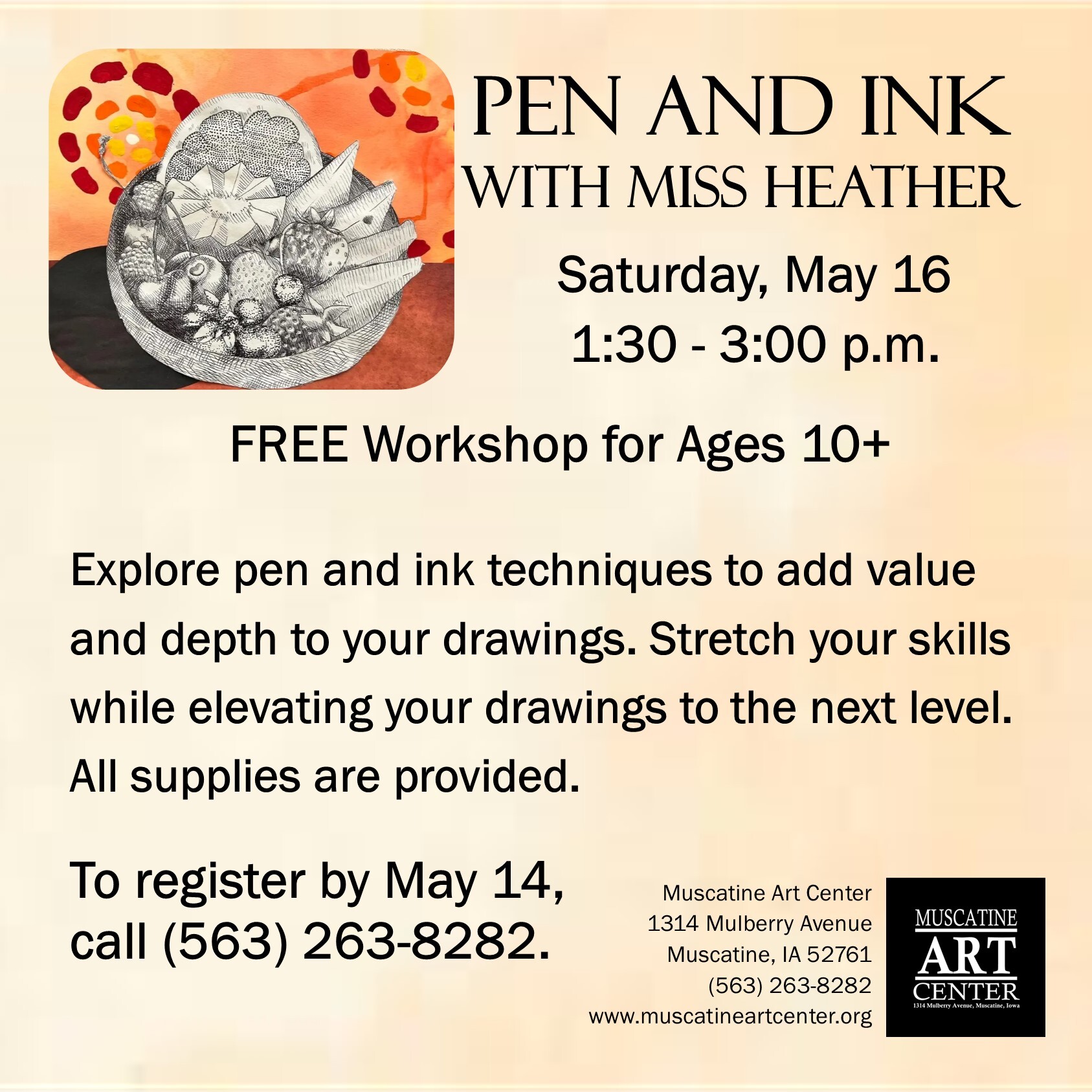 FREE Artist Workshops for Children - Pen and Ink Drawing with Miss Heather - May 16 - Ages 10+ Image
