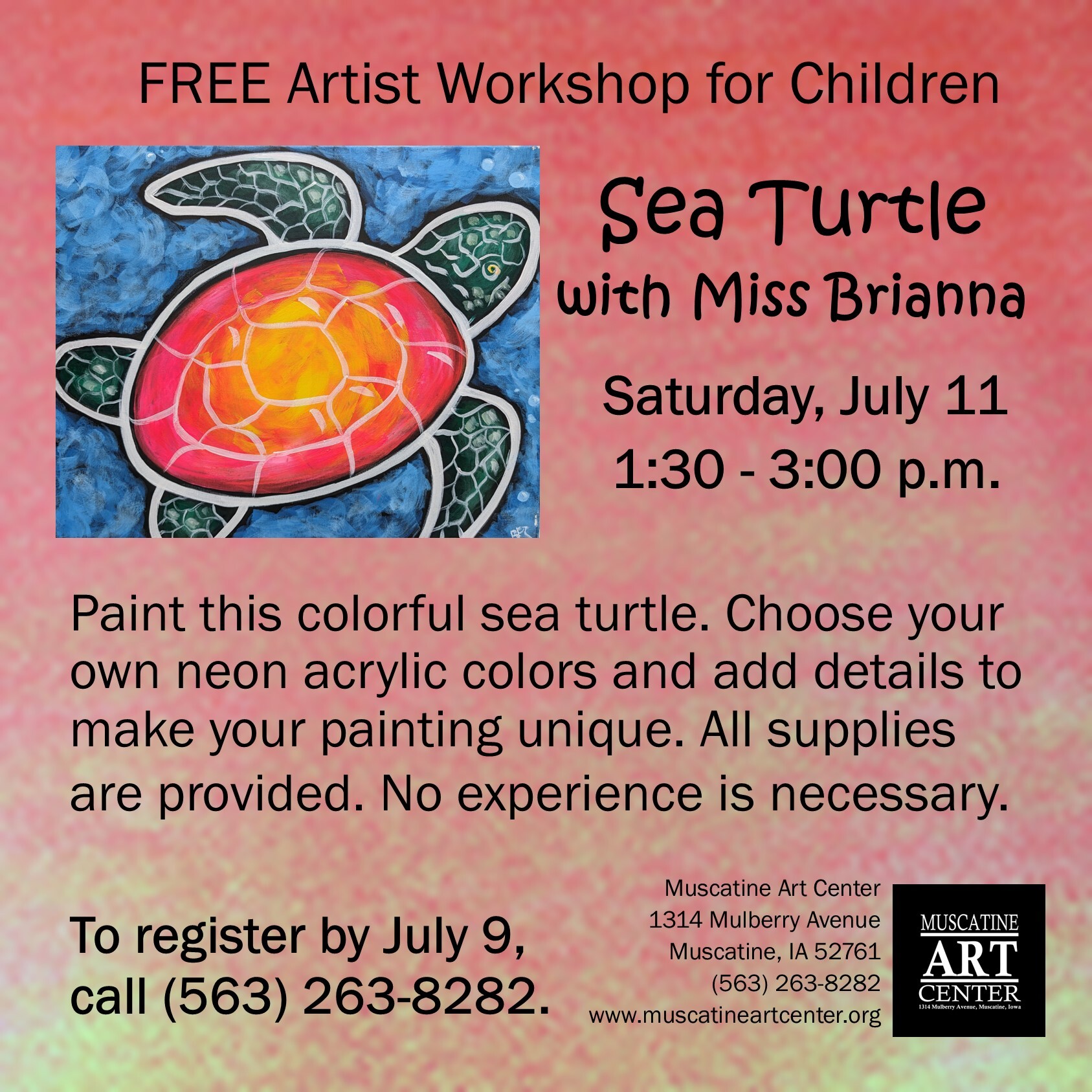 FREE Artist Workshop for Children - Sea Turtle with Miss Brianna - Saturday, July 11, 2026 Image