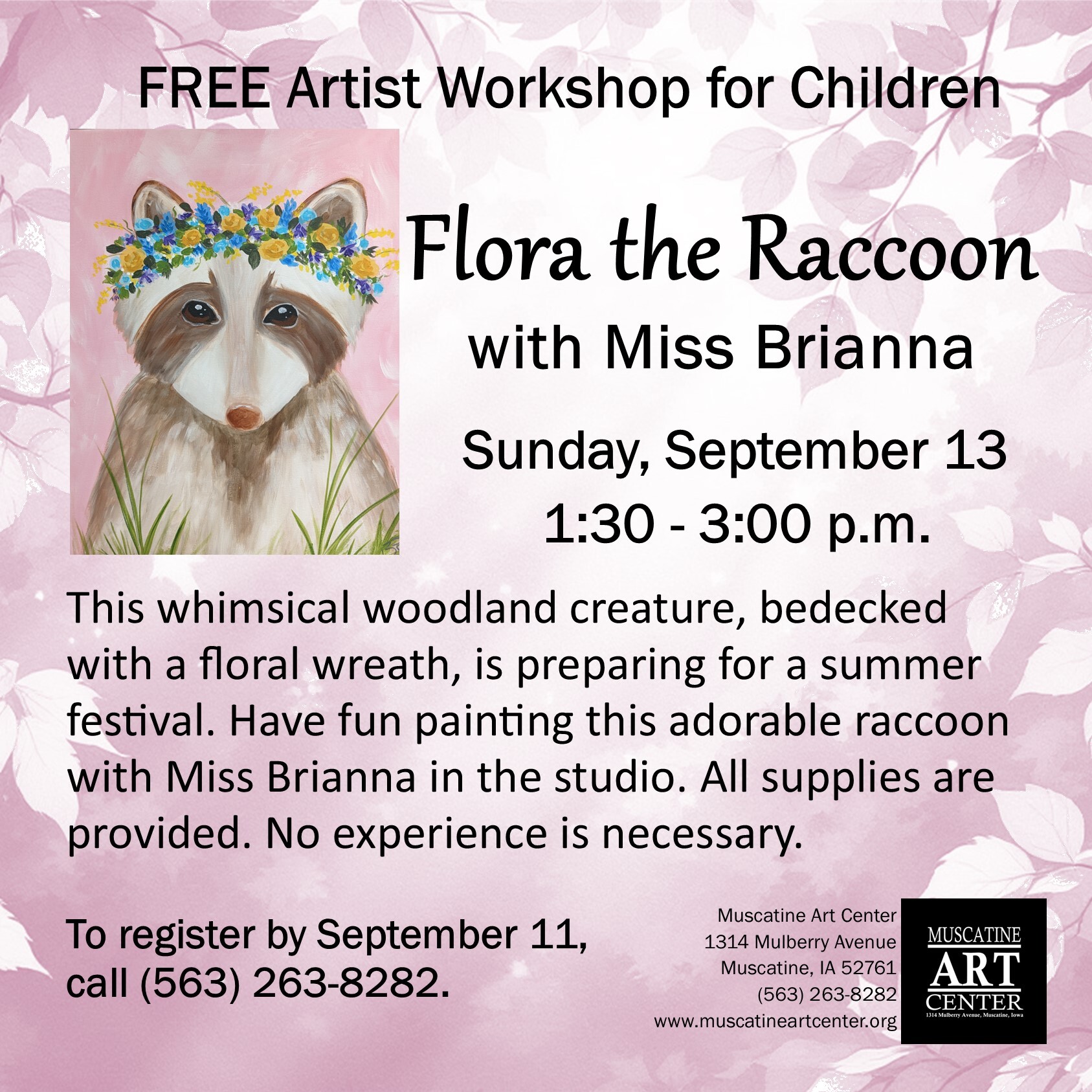 FREE Artist Workshop for Children with Miss Brianna - Flora the Raccoon - Sunday, September 13, 2026 Image