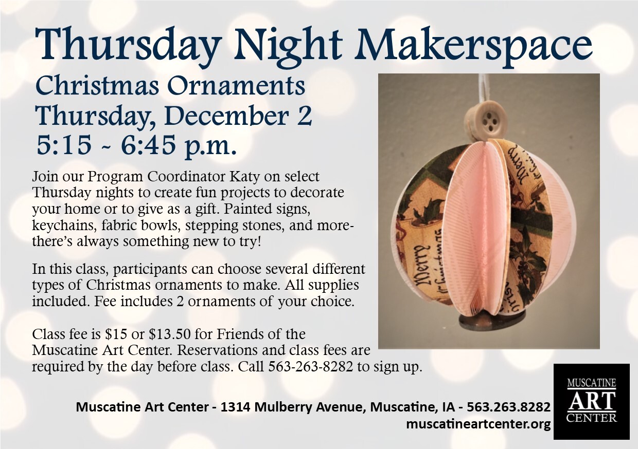 Thursday Night Makerspace - Christmas Ornaments (your choice), December 2 Image