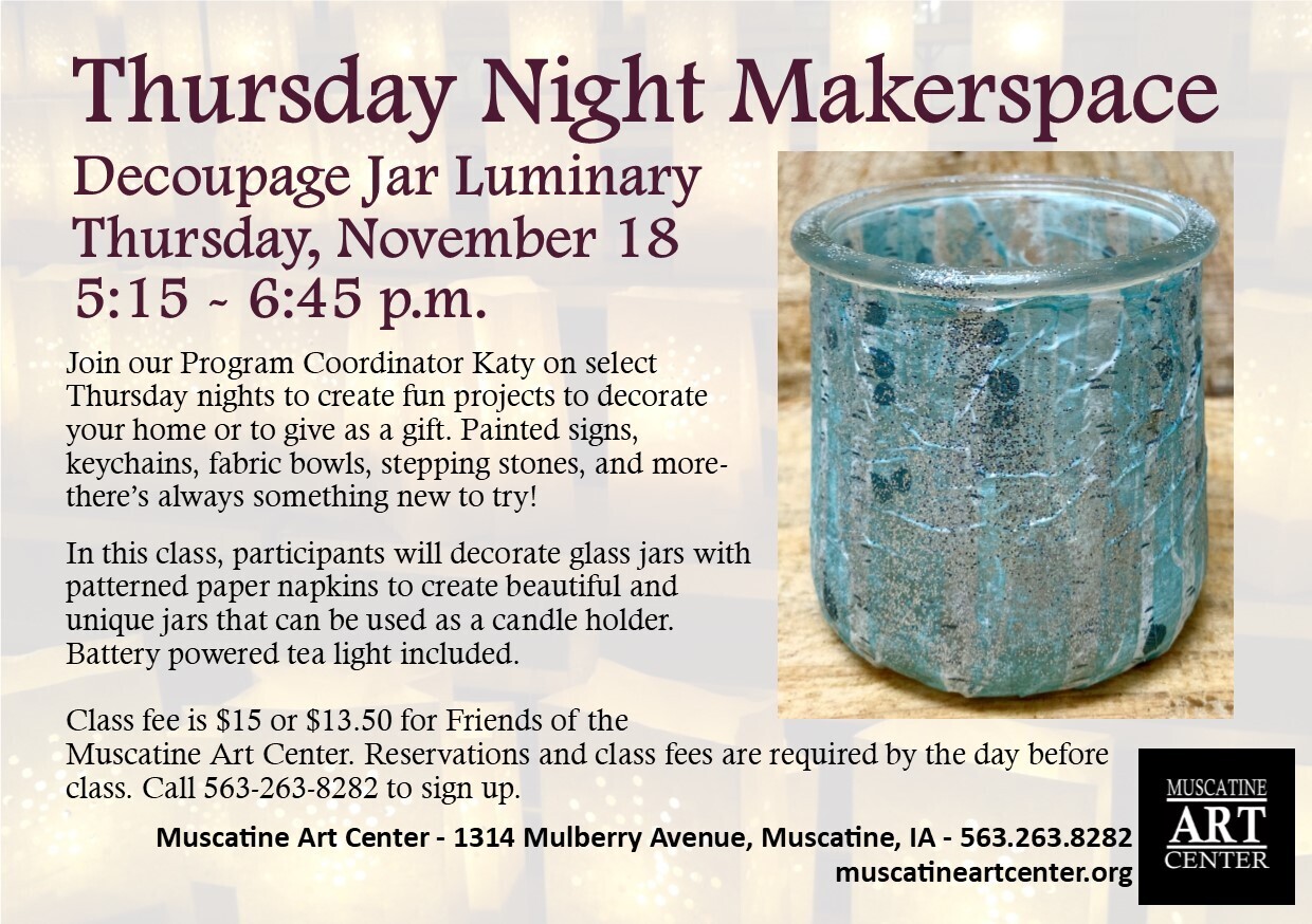 Thursday Night Makerspace - Decoupage Jar Luminary, November 18 Image