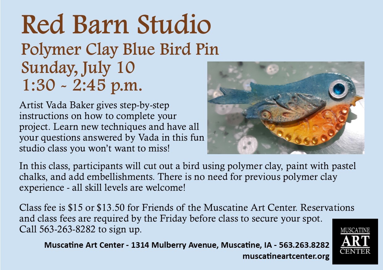 Red Barn Studio with Vada Baker - Polymer Clay Blue Bird Pin- July 10 Image