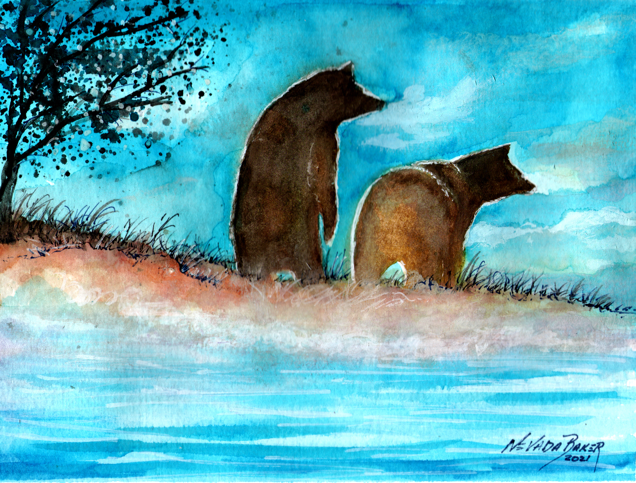 Red Barn Studio with Vada Baker- Bears at Dusk Watercolor Image
